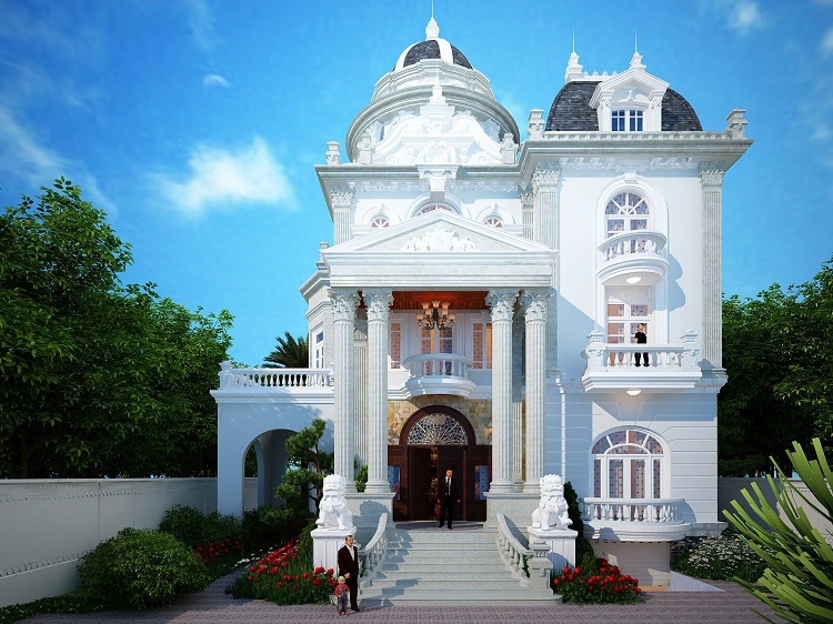 Tổng thể mẫu biệt thự tân cổ điển này đã thu hút mọi ánh nhìn bởi kiểu dáng sang trọng cùng gam màu trắng thanh lịch đầy tinh tế. Thiết kế tầng hầm với phần móng cao cùng đã ốp chân tường giúp tăng thêm phần sang trọng và bề thế cho công trình.